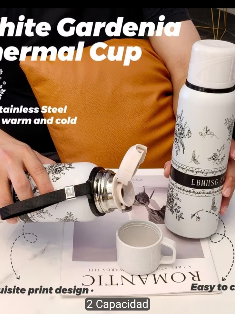 White Floral Insulated Thermal Bottle - Gardenia Print